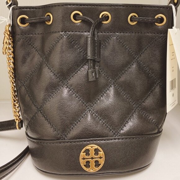 TORY BURCH 148249 WILLA MINI BUCKET BAG BLACK FULL LEATHER DRAWSTRING QUILTED - Picture 2 of 4